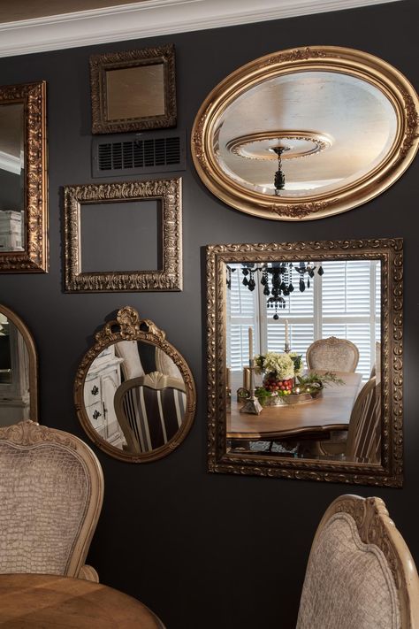 Mirror Gallery Wall in Traditional Gray Dining Room | HGTV Mirror Collage, Mirror Gallery, Wall Mirror Diy, Mirror Gallery Wall, Mirror Dining Room, Small Wall Mirrors, Rustic Wall Mirrors, Grey Dining Room, Antique Mirror Wall