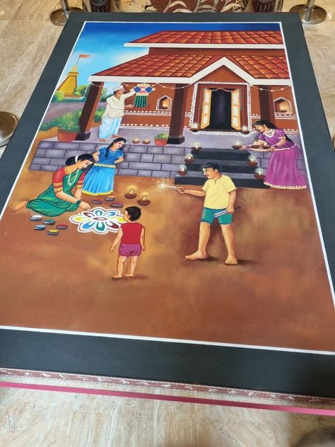 Diwali Composition Drawing, Diwali Composition Painting, Portrait Rangoli For Diwali, Creative Rangoli Designs For Competition, Diwali Painting Ideas, Diwali Drawing Painting Ideas, Diwali Poster Rangoli, Big Rangoli Designs Creativity, Portrait Rangoli