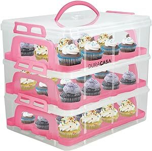 DuraCasa Cupcake Carrier, Cupcake Holder | Premium Upgraded Model Holds Cupcakes Steadier | Store up to 36 Cupcakes or Muffins | Stacking Cupcake Storage Container | Use 1,2, or 3 Tiers (Pink) Frosted Cupcakes, Dessert Holder, Cupcake Carrier, Cupcake Container, Cake Storage, Three Tier Cake, Airtight Storage, Clear Plastic Containers, Cake Carrier