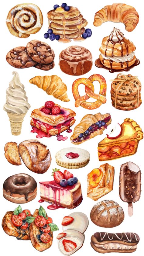 Food Printables Templates, Aesthetic Food Sketch, Aesthetic Food Drawing, Dessert Drawings, Aesthetic Food Stickers, Foods To Sell, Food Scrapbook, Dessert Illustration Art, Food Watercolor Illustration