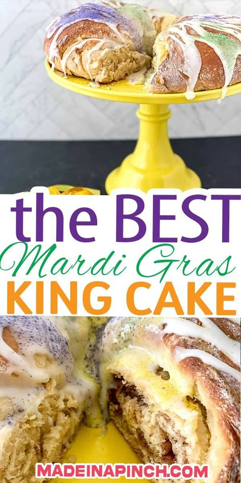 It’s Mardi Gras time! Mardi Gras encourages fun and feasting. No Mardi Gras celebration is complete without a colorful Mardi Gras King Cake. Just one bite will prove why this recipe is a must-have for any Mardi Gras celebration! King cake is a circle or oval-shaped sweet yeast bread that sometimes contains a filling and is usually decorated with vibrant purple, green, and gold sugar or icing. | @made_in_a_pinch #easykingcake #homemadekingcake #bestkingcakerecipe Homemade King Cake, Mardi Gras King Cake Recipe, Mardi Gras Snacks, Mardi Gras Recipes Easy, Easy King Cake, Mardi Gras Party Food, Mardi Gras Desserts, King Cake Recipe Easy, Mardi Gras Cake