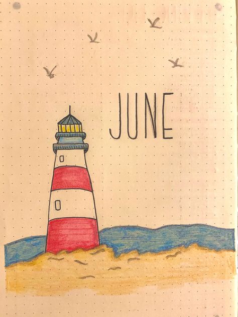 How To Draw A Beach Scene, Beach Theme Drawings, Light House Drawing Sketches, Beach Scene Drawing, June Bullet Journal, Whiteboard Ideas, House On The Beach, Lighthouse Drawing, Sand House