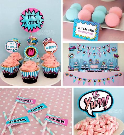 Supergirl / Superboy Baby Shower via Kara's Party Ideas #superhero #supergirl #Party #idea #supplies Superhero Gender Reveal Ideas, Printable Superhero Masks, Marvel Baby Shower, Superhero Party Ideas, Superhero Themed Party, Baby Shower Biscuits, Supergirl Party, Blue Macarons, Yummy Rice