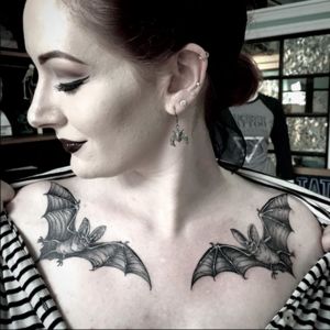 Alchemy Tattoo Collective Bat Tattoo Collar Bone, Goth Collarbone Tattoo, Spooky Chest Tattoo, Bat Collar Bone Tattoos, Goth Collar Bone Tattoo, Gothic Collar Bone Tattoo, Gothic Chest Tattoo, Goth Chest Tattoo, Bat Chest Tattoo