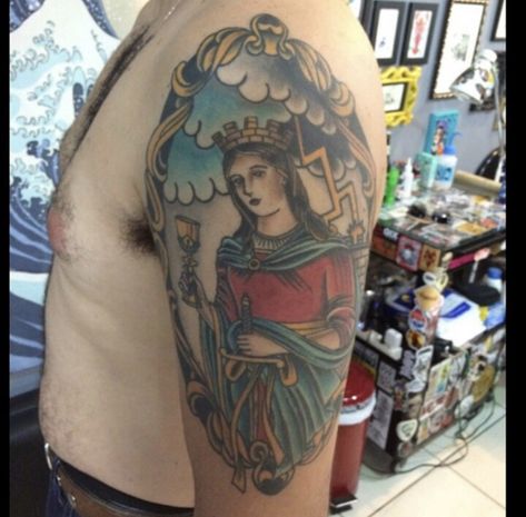 Santa Barbara tradicional Tattoo Saint Barbara Tattoo, On Tattoo, Inner Arm Tattoo, Dope Tattoos For Women, Tattoo Parlors, Aesthetic Tattoo, Tattoo Sleeve Men, Dope Tattoos, Santa Barbara