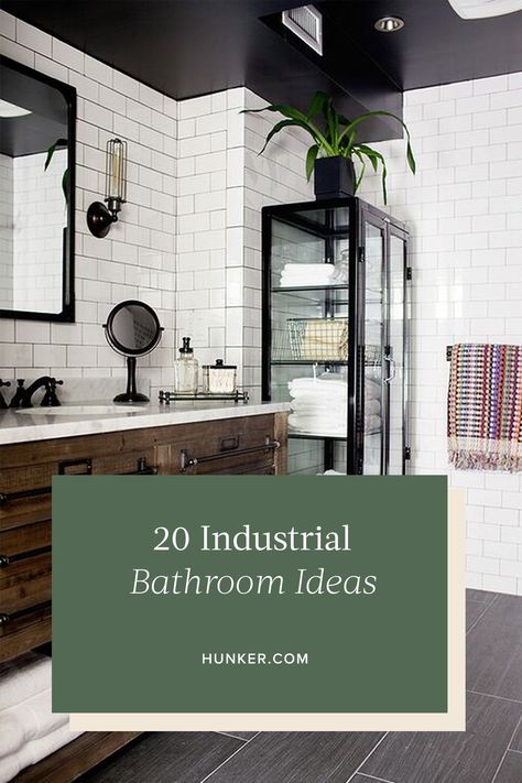 From exposed metal piping to concrete countertops, here are 20 industrial bathroom ideas worth stealing. #hunkerhome #industrialbathroom #industrialbathroomideas #industrial #industrialbathroominspo Bagno Industrial Style, Small Industrial Bathroom, Industrial Bathroom Ideas, Vintage Industrial Bathroom, Modern Industrial Bathroom, Bathroom Industrial Chic, Industrial Farmhouse Bathroom, Rustic Bathroom Shower, Urban Bathroom