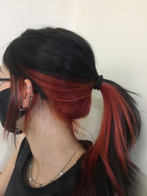 Two Toned Hair Red And Black, Red Under Layer Hair, Red Underside Hair, Red Hair Front Pieces, Black With Color Underneath Hair, Black Hair Red Peekaboo, Wine Red Peekaboo Hair, Under Red Hair, Under Hair Color Red