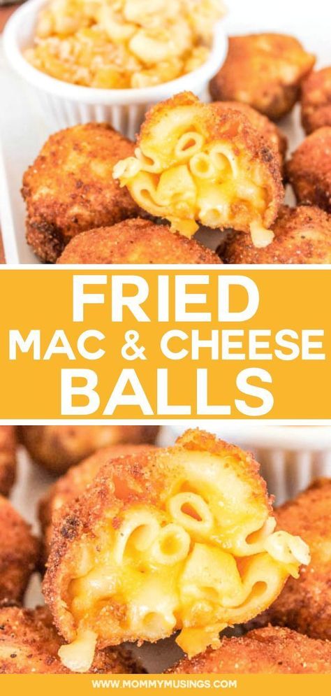 Fried Mac and Cheese Balls Recipe - Wow your guests with this cheesy party appetizer! #partyappetizer #appetizers #macandcheese #friedfood #partyfood Fried Mac And Cheese Bites, Mac And Cheese Balls Recipe, Fried Mac And Cheese Balls, Fingerfood Recipes, Mac And Cheese Balls, Fried Macaroni And Cheese, Cheese Balls Recipe, Cheese Bites Recipe, Fried Mac And Cheese