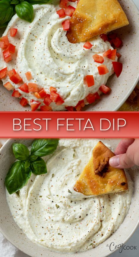 feta dip with a piece of bread being dipped into it Garlic Feta Dip, Whipped Garlic, Feta Cheese Dip, Chip Dip Recipes, Whipped Feta Dip, Cold Dip Recipes, Cream Cheese Recipes Dip, Greek Yogurt Dips, Sour Cream Dip