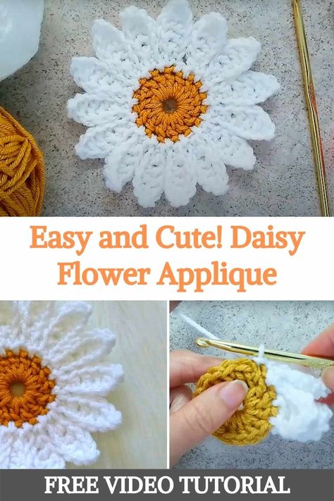 When spring comes with all the new colors of nature, it's time to put flowers on our hooks. So here you will learn how to crochet daisy flower appliques to help you add a lovely touch of spring to your life and crochet projects this season! These daisy flowers are perfect for use on clothing, hats, headbands, home decor projects, or anywhere. Why not sew these daisy appliqués onto some granny squares and make a cute flower blanket? The possibilities are endless with this beautiful detail... Crochet Daisy Scarf, Crochet Flower Patch, Crochet Daisy Coaster, Crochet Daisy Headband, Crochet Daisy Pattern Free, Crochet Daisies, Crochet Daisy Flower, Crochet Appliqué, Felt Hair Accessories