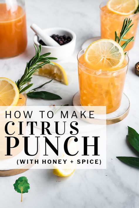 Sweetened with honey and infused with herbs, this citrus punch is full of flavor and has a deliciously vibrant note. It takes almost no time to make, and it's packed with flavor. Citrus Punch Recipe, Herb Blends, Honey Cocktail, Citrus Punch, Tangerine Juice, Honey Drink, Easy Punch Recipes, Natural Grocers, Christmas Punch Recipes