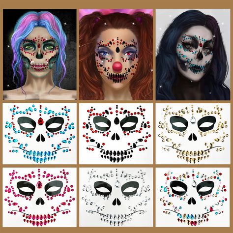 Face Jewels Temporary Face Tattoos, 6-Pack Day Of The Dead Skull Festival Face Gems, Crystal Make up Eye Glitter Face Stickers for Halloween Halloween Face Stickers, Witch Face Jewels, Carnival Face Gems, Halloween Temporary Face Tattoos, Gem Stickers Face, Festival Face Gems, Temporary Face Tattoos, Face Crystals, Eye Glitter