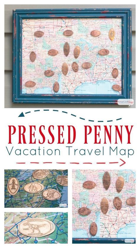 Skip the junky, overpriced kids' vacation souvenirs and start a pressed penny collection. Kids will enjoy making and collecting the pressed pennies on your family travels, and they can showcase their collection in this DIY map shadowbox. Pressed Pennies Display, Penny Display, Penny Serenade, Smashed Pennies, Penny Collection, Diy Souvenirs, Pressed Pennies, Travel Map Diy, Diy Map