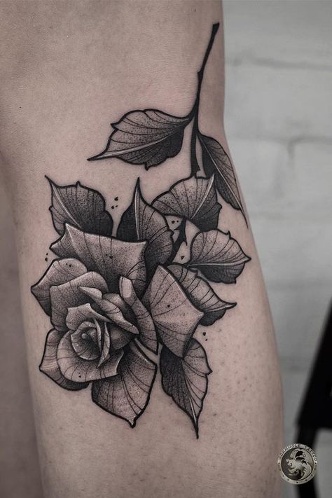 Rose Tattoo For Women, Black And Gray Rose Tattoo, Gray Rose Tattoo, Flowers Reference, Black And Grey Rose Tattoo, Neo Traditional Roses, Blackwork Rose, Stippling Tattoo, Dark Roses Tattoo