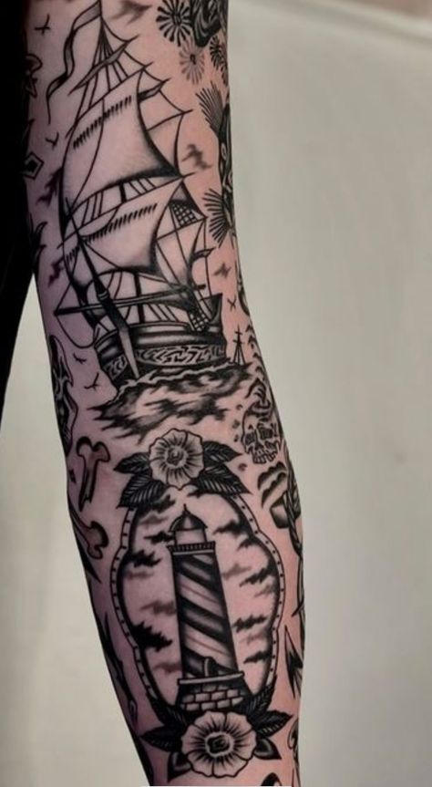 Roman Legionnaire Tattoo, American Traditional Tattoos Sailor, Sea Ship Tattoo, Ship At Sea Tattoo, Shellback Tattoo Navy, Nautical Hand Tattoo, Classic Tattoo Sleeve, Navy Ship Tattoo, Boat Tattoo Men