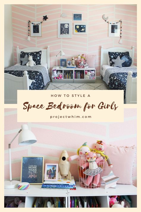 Girl's Shared Bedroom Decor Ideas, Space themed room for Girls, Space Room Decor, Galaxy Decor for Kids, Space bedding for kids, storage ideas for shared bedroom, girls shared bedroom design, space decor for girls, planet decor for kids, modern kid room design, modern kid bedroom ideas, fun decor for kids, space room for children, home decor blog, decor blogger, diy blogger, mom blogger, kids bedroom ideas Rainbow And Space Room, Girls Galaxy Bedroom Ideas, Space Bedroom Girl, Girls Space Themed Bedroom, Girly Space Themed Nursery, Girl Space Room, Girly Space Room, Galaxy Themed Room, Galaxy Bedroom Ideas