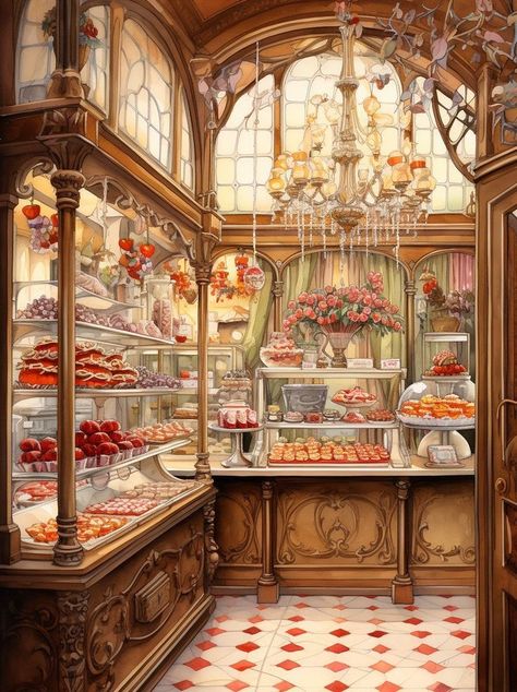 Cafe Inside Drawing, Cozy Cafe Drawing, Bakery Wallpaper Backgrounds, Cute Bakery Drawing, Bakery Background Design, Cozy Bakery Aesthetic, Bakery Aesthetic Interior, Pastry Wallpaper, Vintage Bakery Aesthetic