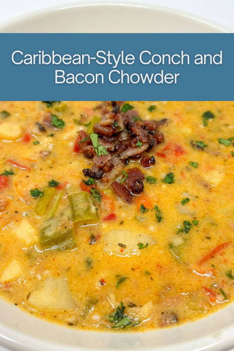 Caribbean-Style Conch and Bacon Chowder is a rich, flavorful soup that beautifully melds sea and land ingredients, encapsulating the essence of Caribbean cuisine with a touch of Southern influence. Conch Stew Recipes, Conch Recipes Caribbean, Conch Soup Recipe, Conch Chowder Recipe, Conch Soup, Conch Recipes, Souse Recipe, Bahamas Food, Conch Chowder