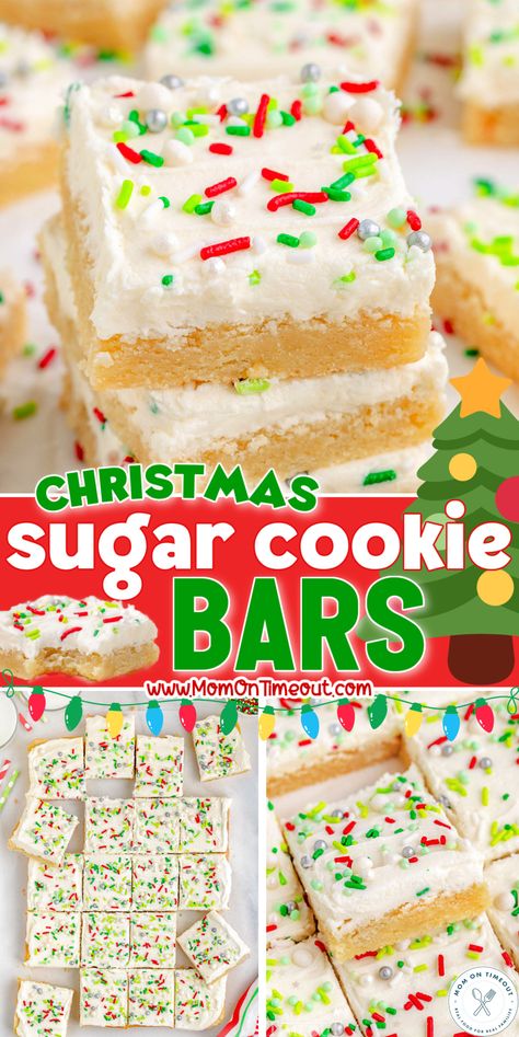 These Christmas Sugar Cookie Bars are everything you love about classic sugar cookies, but so much easier to make! These delicious bars are soft, buttery, and topped with rich, creamy frosting and festive sprinkles! A quick and easy way to enjoy homemade sugar cookies without all the extra fuss! | MomOnTimeout.com Quick Holiday Desserts, Christmas Sugar Cookie Bars, Sugar Cookie Bars Recipe, Christmas Sugar Cookies Easy, Sugar Cookie Bar Recipe, Christmas Sugar Cookie, Christmas Cookie Bars, Cookie Bars Easy, Homemade Sugar Cookies