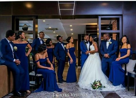 Royal Blue Bridal Party, Blue Wedding Theme Black People, African American Bridal Party, Black And Royal Blue Wedding, Royal Blue And Black Wedding, Electric Blue Wedding, Royal Blue Wedding Party, Blue Bridal Party, Black People Weddings