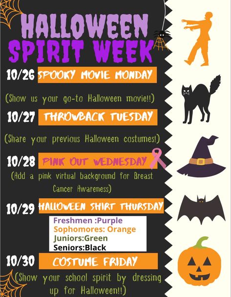 This is my highschools virtual upcoming spirit week for 2020. Because everything is online, i recommend creating a Padlet to allow students to share there pictures. October Spirit Week Ideas, Thanksgiving Spirit Week Ideas, Halloween Spirit Week Ideas, Thanksgiving Spirit Week, Spirit Week Flyer, Holiday Spirit Week, Spirit Week Ideas, Spirit Week Themes, Spirt Halloween