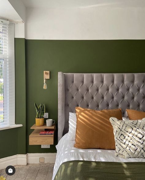 Diy House Decor Ideas, Green Feature Wall, Interior Trees, Olive Green Paint, Olive Green And Orange, Loft Bedroom Ideas, Olive Green Bedrooms, Half Painted Walls, Colourful House