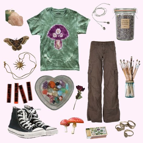 Alt Hippie Aesthetic Outfits, Crunchy Outfits, Hippie Aesthetic Outfit, Alt Outfits Aesthetic, Mushroom Vibes, Pixie Core, 70’s Outfit, Hippie Fits, Mushroom Girl