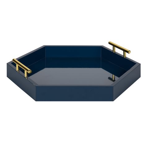 Kate and Laurel Lipton Hexagon Decorative Tray with Polished Metal Handles, Navy Blue and Gold - Walmart.com Vanity Ottoman, Hexagon Tray, Entrance Console Table, Modern Tray, Entrance Console, Table Vanity, Accent Tray, Navy Blue And Gold, Wall Shelf Decor