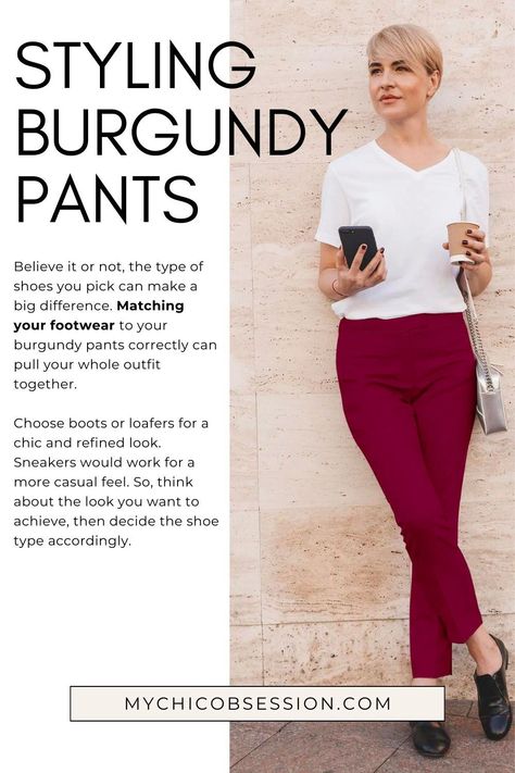 We are going to explore how to wear burgundy pants- a kind of hidden gem in your clothes that is very much ready to be seen. No matter if you are going out for fun or headed somewhere fancy, burgundy pants bring a mix of always being a good choice and having a unique style. Red Ankle Pants Outfit, Style Burgundy Pants, Outfits With Burgundy Pants, What To Wear With Burgundy Pants, Ankle Pants Outfit, Burgundy Pants Outfit, Tie Waist Pants Outfit, Tailored Pants Outfit, Maroon Pants Outfit