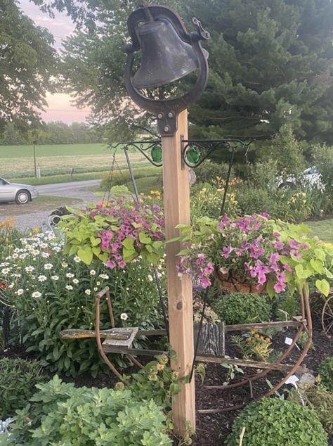 School House Bell, Land Scaping, Dream Farmhouse, Garden Junk, Pump Cover, Front Landscaping, Dinner Bell, School House, Garden Landscape