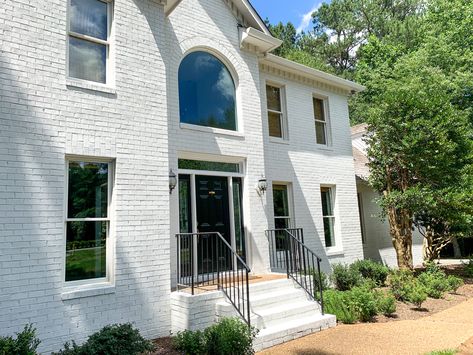 Magnolia Bay Brick With White Mortar, Painted Brick Row House, Painting Exterior Brick White, Bricks Painted White, Romabio Masonry Paint, White Bluff Acme Brick, Romabio Masonry Flat, White Exterior Houses, Masonry Paint