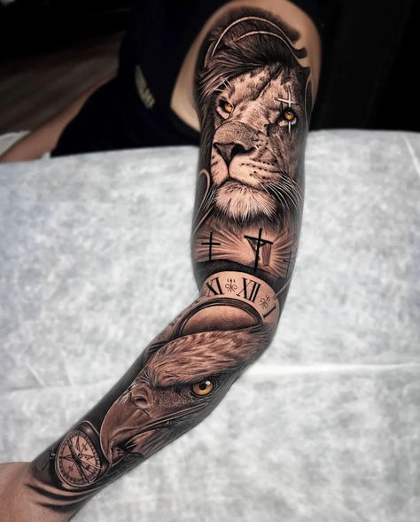 Lion Arm Tattoo Men Sleeve, Lion Arm Tattoo, Sleeve Tattoos For Men, Half Sleeve Tattoos, Father Tattoos, Half Sleeve Tattoos Drawings, Lion Tattoo Sleeves, Full Tattoo, Men Tattoos Arm Sleeve