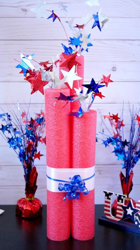 Easy 4th of July DIY Projects - A Wonderful Thought Easy Parade Float Ideas Diy 4th Of July, Pool Noodle Crafts 4th Of July, Diy Firecracker Decorations, Diy Red White And Blue Decor, Fourth Of July Ideas Decorations, Red White And Blue Parade Float Ideas, 4th Of July Pool Party Ideas Decorations, July 4th Party Ideas Decor, Golf Cart Decorating Ideas 4th Of July