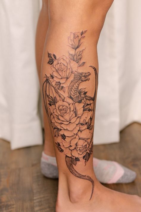 Dragon Calf Tattoos For Women, Women's Calf Tattoos, Ankle To Calf Tattoo, Woman Lower Arm Tattoo, Cool Calf Tattoo For Women, Calve Tattoo Ideas, Leg Tattoos Lower Calf, Dragon On Calf Tattoo, Half Calf Tattoo