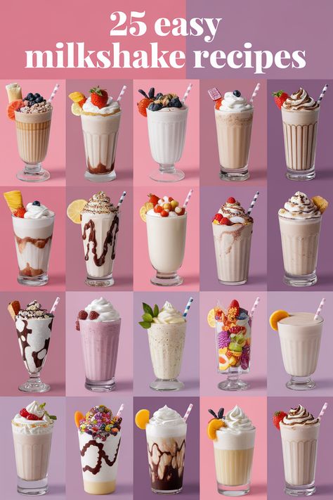 Indulge in a sweet and creamy treat with these easy milkshake recipes.  From classic chocolate and vanilla to adventurous fruit and candy combinations, there's a milkshake for every taste bud.  These easy milkshakes are perfect for satisfying your sweet tooth and are surprisingly simple to make. Get ready to enjoy! Ultimate Milkshake, Easy Milkshake, Milkshake Ideas, Pumpkin Spice Milkshake, Birthday Cake Milkshake, Mint Milkshake, Blueberry Milkshake, Strawberry Banana Milkshake, Cookies And Cream Milkshake