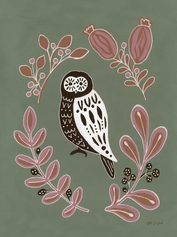 size: 12x9in Art Print: Woodland Folk Owl by Yvette St. Amant : Folk Christmas Decor, Folk Art Birds Design, Folk Art Bee, Owl Folk Art, Winter Folk Art, Folk Animals, Folk Art Animals, Ukrainian Folk Art, Abs Art