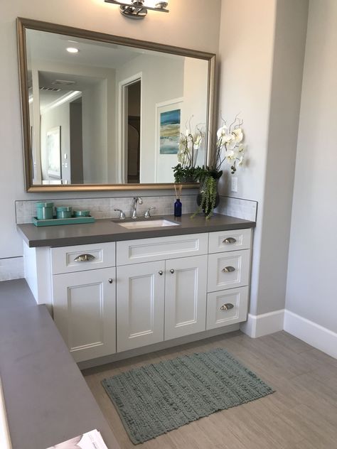 Bathroom Remodel Ideas.  Pic taken from model home walk-thru.  White cabinet, Gray Quartz Countertop, Light Tile Flooring Bathroom Countertop Cabinet, Quartz Bathroom Countertops, Bathroom Grey, Quartz Bathroom, Bathroom Redecorating, Bathroom Addition, Budget Bathroom Remodel, Grey Countertops, Hall Bathroom