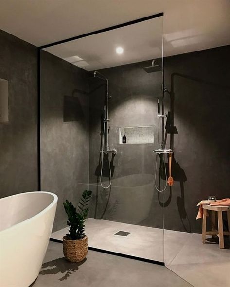 Dark moody bathroom with walk-in shower. Minimalism ftw Scandinavian Bathroom Design Ideas, Scandinavian Bathroom Design, Luxury Bathroom Master Baths, Minimalist Bathroom Design, Scandinavian Bathroom, Bad Inspiration, Interior Minimalista, Steam Showers Bathroom, Bathroom Design Inspiration