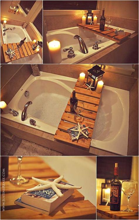 20+ Upcycling Pallet Ideas for Home Interiors ---Bathtub pallet shelf Bathroom Rustic, Diy Home Decor For Apartments, Rustic Bath, Garden Pallet, Pallet House, Smart Tiles, Pallet Project, Spa Style, Recycled Pallets