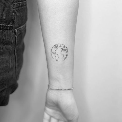 World Globe Tattoos, Mission Tattoo, Small Daisy Tattoo, Wolf Tattoos For Women, World Map Tattoos, Globe Tattoos, Earth Tattoo, Map Tattoos, Handpoke Tattoo