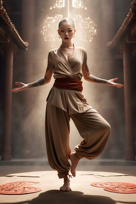 Meditate Pose Reference, Monk Outfit Female, Kung Fu Women, Monk Clothing Dnd, Monk Poses Reference, Yoga Pose Reference, Dnd Monk Outfit, Twilek Jedi, Monk Poses