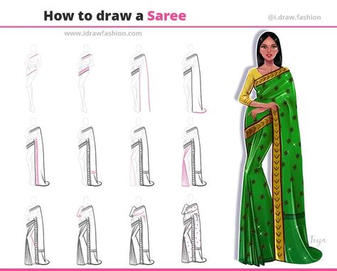 How to draw saree tutorial by I Draw Fashion by I Draw Fashion – How to draw a saree Saree Step By Step, Saree Tutorial, Illustration Figures, Draw Dress, I Draw Fashion, Draw Clothes, Dress Logo, Clothing Templates, Draw Fashion