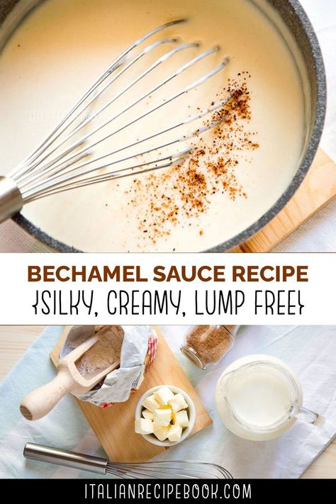 Bechamel Sacue or Salsa Besciamella is one one the basic sauces in Italian cooking. It’s also the easiest and fastest sauce to make. Check out this simple step-by-step recipe to start making your own Bechamel Sauce from scratch! Cheesy Bechamel Sauce, Pasta Bechamel Recipe, Bechamel Sauce Mac And Cheese, Beschemell Sauce, Basic Sauces, Vegan Bechamel Sauce, Bechamel Recipe, Bechamel Sauce Recipe, Roasted Vegetable Lasagna