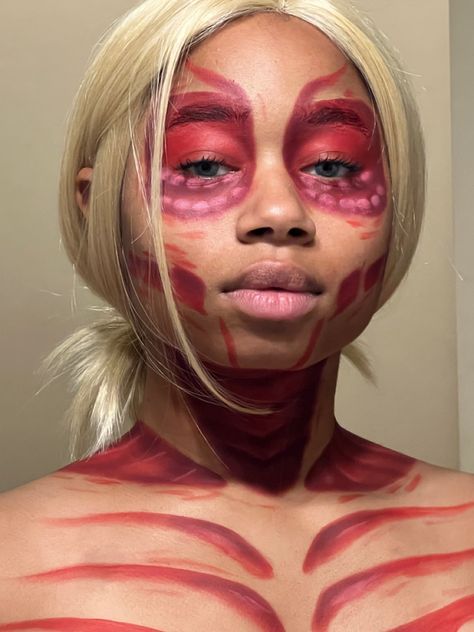 Attack on Titan makeup/cosplay👹 Attack On Titan Makeup, Titan Makeup, Female Titan Makeup, Attack On Titan Halloween Costume, Eren Jaeger Makeup Cosplay, Attack On Titan Costume, Sasha Cosplay Aot, Annie Female Titan, Attack On Titan Cosplay