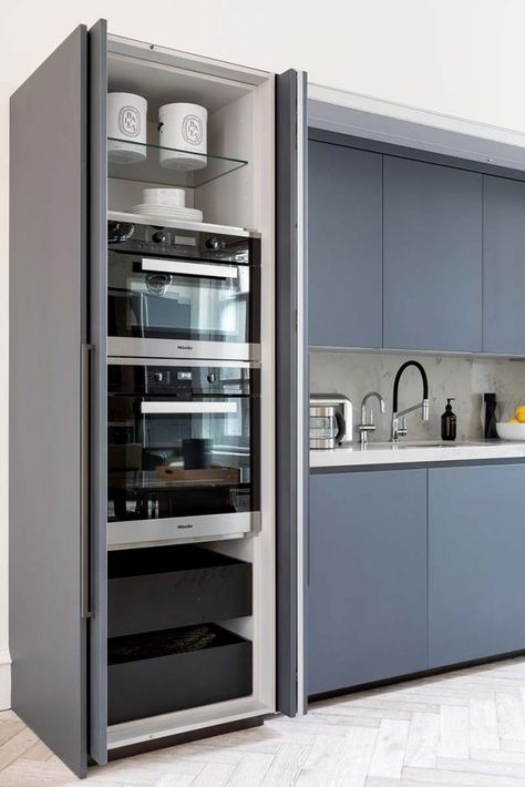 Microwave Pocket Doors, Hidden Oven, Hidden Oven Cabinet, Microwave And Oven Cabinet, Secret Kitchen Door To Utility, Micro Oven Cabinet, Hidden Kitchen Storage Sliding Doors, Built In Microwave Cabinet Ideas, Miele Kitchen Design