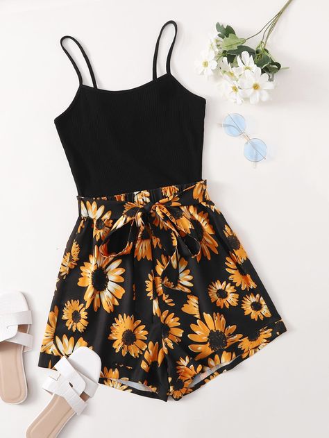 Everyday Outfits Summer, Cami Romper, Floral Cami, Cute Rompers, Sunflower Print, Simple Trendy Outfits, Cute Everyday Outfits, Cute Simple Outfits, Really Cute Outfits