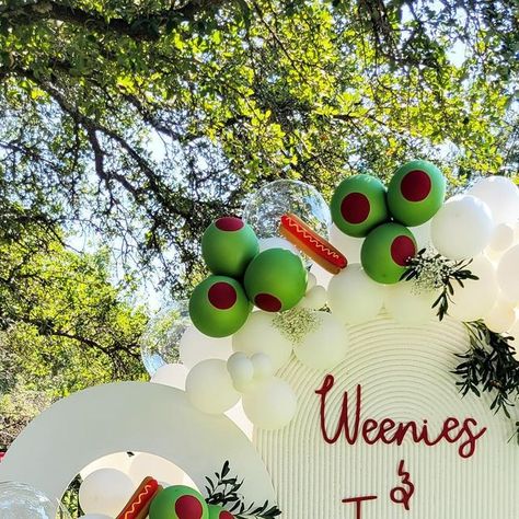 Modern Bounce Houses | Austin, Texas on Instagram: "What a fun and creative combination! Martinis and hotdogs make the perfect pair at this event designed by the talented Whim and Proper! Cheers to a fabulous celebration!🍸🌭🎈  Design and balloons: @whimandproper_  Panels and laser cut lettering: @modishmatters" Martini Balloon Arch, Martini And Weenie Party, Martini Balloon, Celebration Design, Bounce Houses, Birthday Dinner Party, 28th Birthday, Dirty 30, Sensory Bin