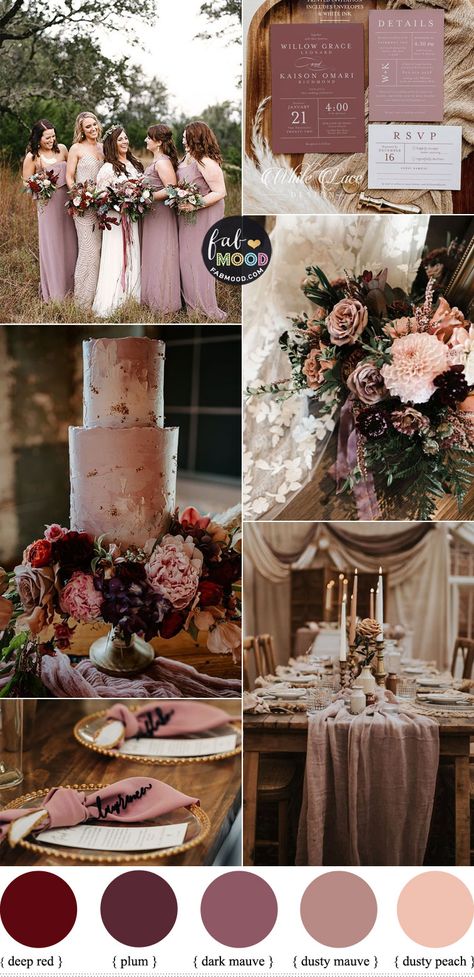 Mauve White And Gold Wedding, Rosewood Wedding Flowers, Mauve Fall Wedding Color Schemes, Mauve Blush Champagne Wedding, Deep Rose Wedding Color Schemes, Vintage Mauve Wedding Colors, Burgundy Garden Wedding, Mauve Wedding Color Schemes, Mauve And Gold Wedding Theme