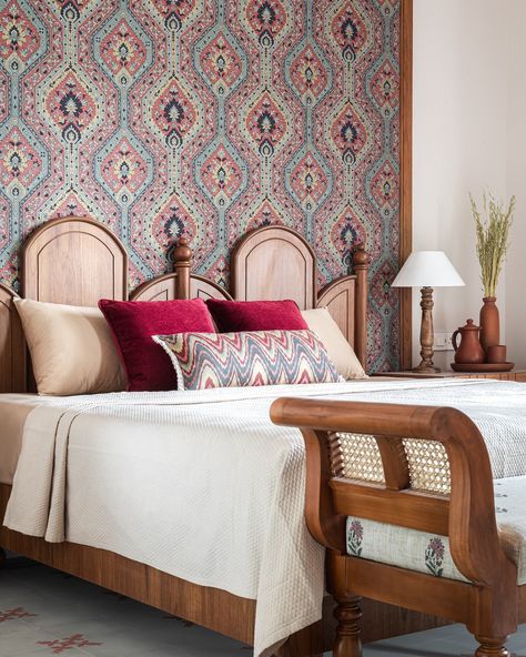 Discover the charm of the Grand Parents Room in Prangan—a true ethnic retreat brimming with character. The richly detailed wood-carved furniture exudes warmth, while the striking fabric panel behind the headboard steals the show. Featuring a deep red and blue Indian motif pattern, this design choice transforms the space with vibrant, traditional elegance. Perfect for those who appreciate classic style with a cultural twist.✨ #studioipsa #interiordesignstudio #interiorideas #interiordesigninnovations #homestyling #homedecor #indianhomes #traditionalbedroomideas #bedroomideas #solidwoodfurniture #fabricpanel #boldpatternideas Banglow Design, Indian Motif, Grand Parents, Parents Room, Blue Furniture, Indian Furniture, Carved Furniture, Motif Pattern, Indian Homes