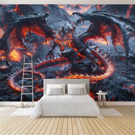 PRICES MAY VARY. Mural Wallpaper Size: Total size is W118" x H83"(300x210cm), This mural is cut into 6 strips for easy installation, each size is in W19.7"xH83". Simply follow the numerical sequence during installation for a seamless splicing, have fun with DIY decoration, This no overlapping mural can be quickly adds an amazing look to your walls High Quality Material: The mural wallpaper made of high quality robust nonwoven fabric material, Environmental friendly, bubble Free, odourless, abras Magma Dragon, Procreate Building, Bedroom Wallpaper Mural, Bedroom Inspirations For Small Rooms, Murals Home, Bedroom Wallpaper Murals, 3d Murals, Dragon Flame, Bedroom Wallpaper